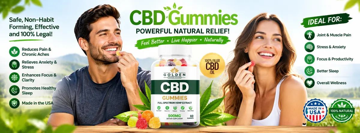 Couple enjoying Golden Touch Fusion CBD Gummies, ideal for joint and muscle pain, stress, focus, better sleep and overall wellness