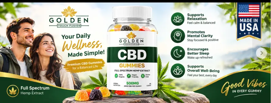 Golden Touch Fusion CBD Gummies bottle with a happy couple: supports relaxation, mental clarity, better sleep and overall well-being. Made in USA.
